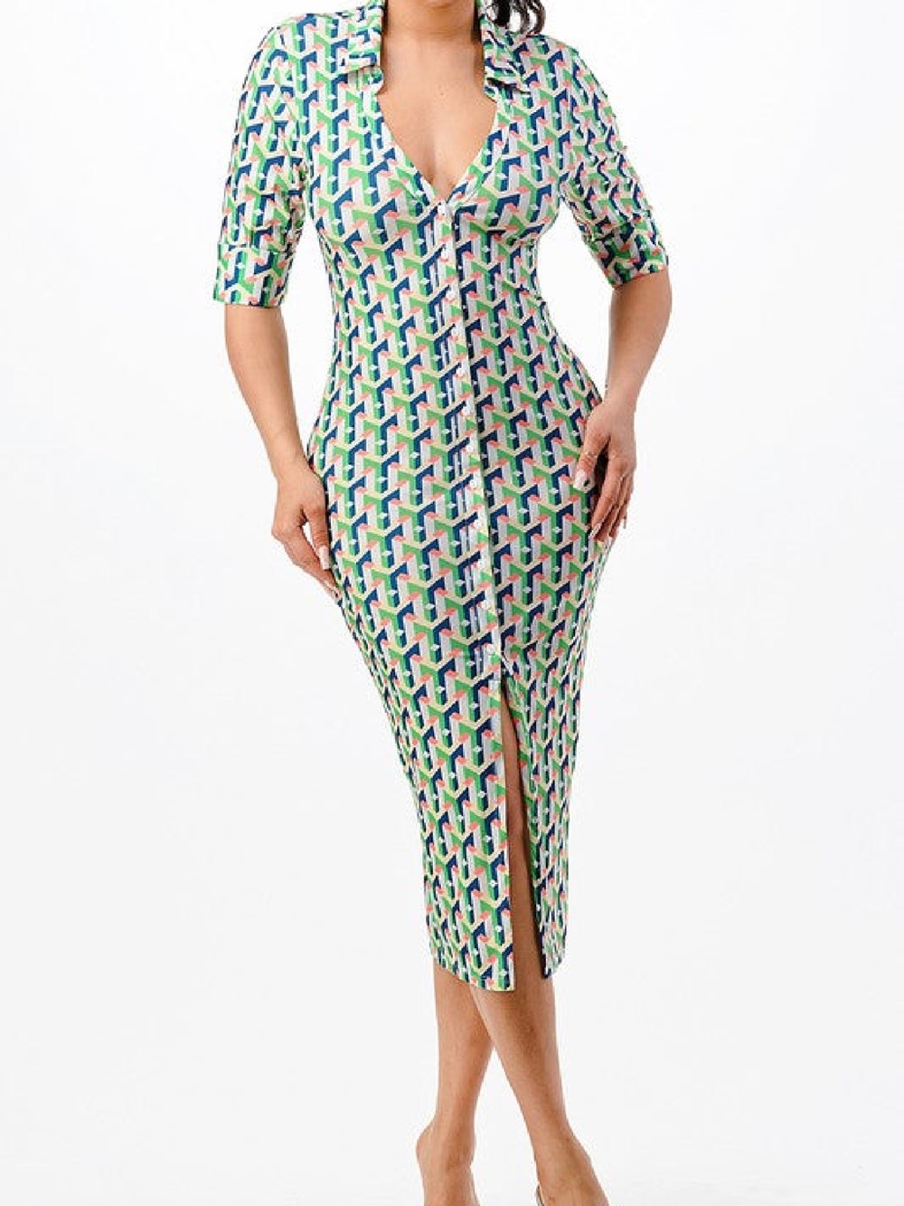 Geometric Print Button-Front Midi Dress in Green & Blue